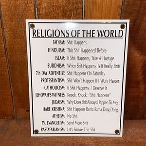 Humorous Religions of the World sign. Steel. 8 x 10